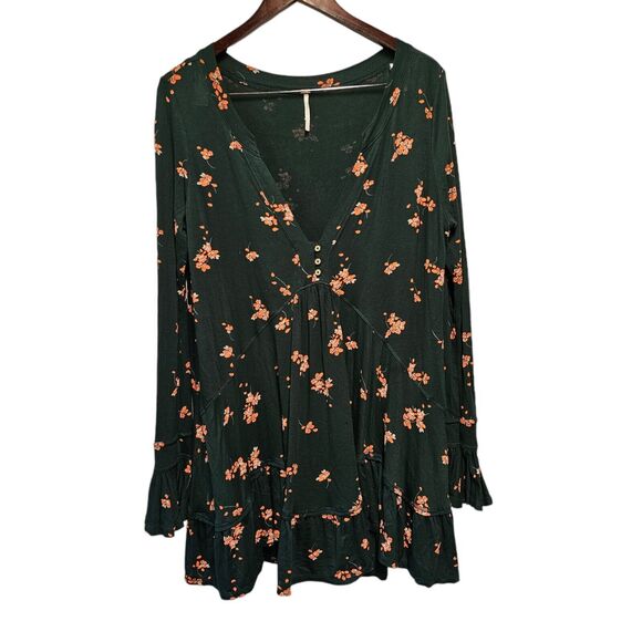 FREE PEOPLE Baby Doll Tunic Green Floral Long Sleeve SMALL Oversized BOHO - Picture 2 of 4